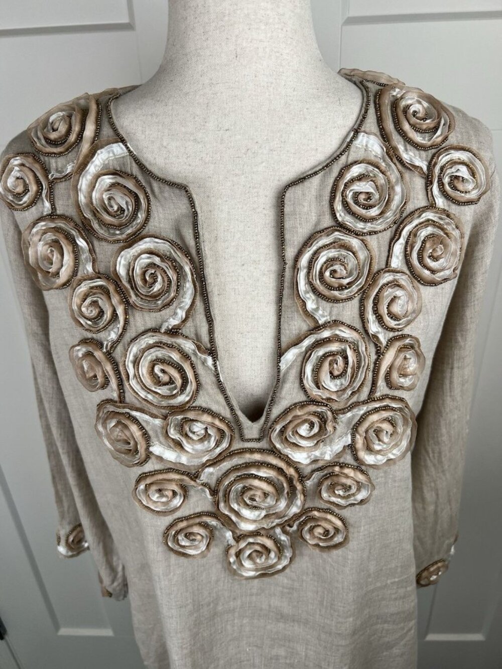 Key Lime & Pink Linen Tunic M Embellished Rosette Beaded Boho Top 3/4 Sleeve - Picture 2 of 11